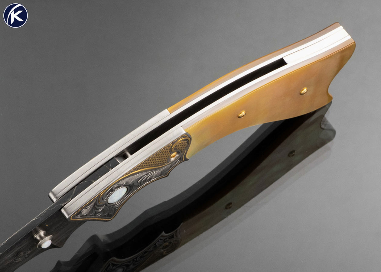 Jot Singh Khalsa Custom Knife Gold Lip Pearl Persian Linerlock Engraved by Julie Warenski with Gold Inlay and White Opal Insets - Image 4