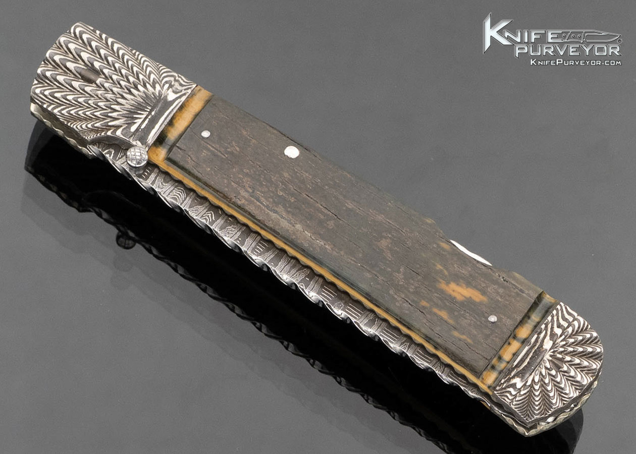 Ken Steigerwalt Custom Knife Mike Norris Damascus and Blue Mammoth Lockback