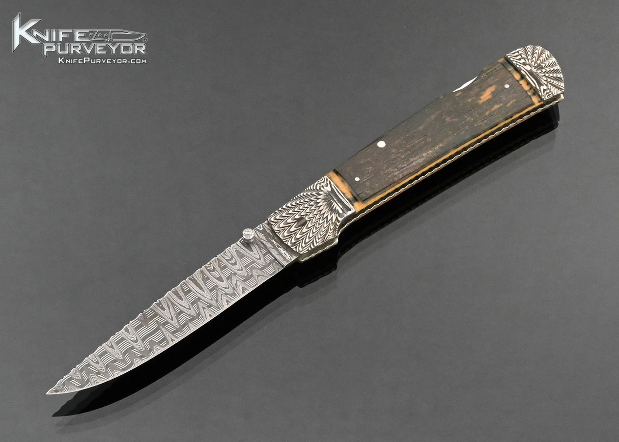 Ken Steigerwalt Custom Knife Mike Norris Damascus and Blue Mammoth Lockback