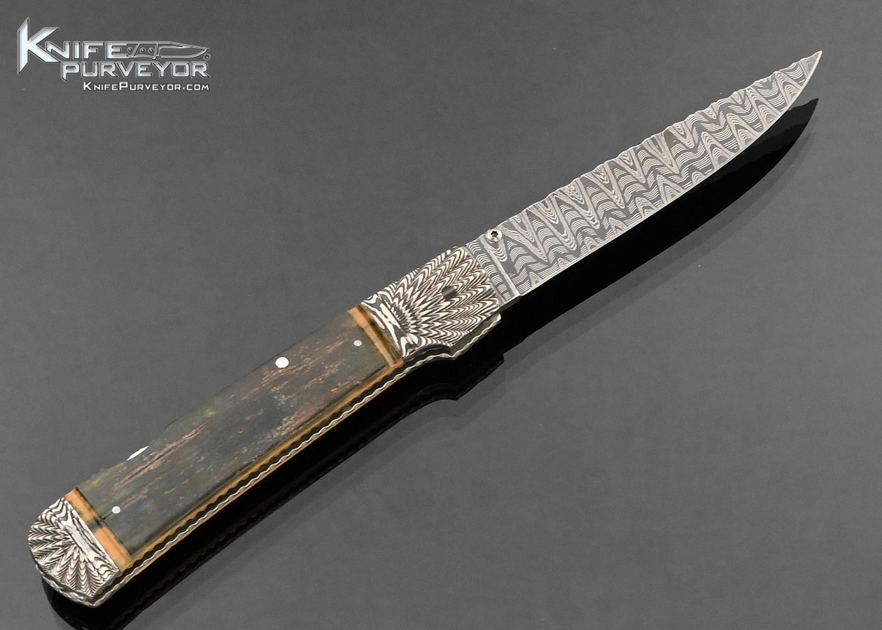 Ken Steigerwalt Custom Knife Mike Norris Damascus and Blue Mammoth Lockback