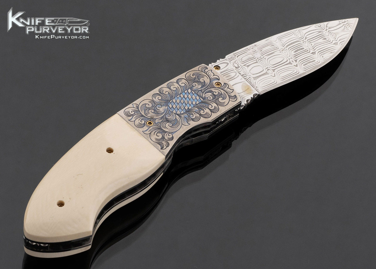 Robert Ball Custom Knife Damasteel with Engraved Anodized Titanium and Mammoth Linerlock 17785