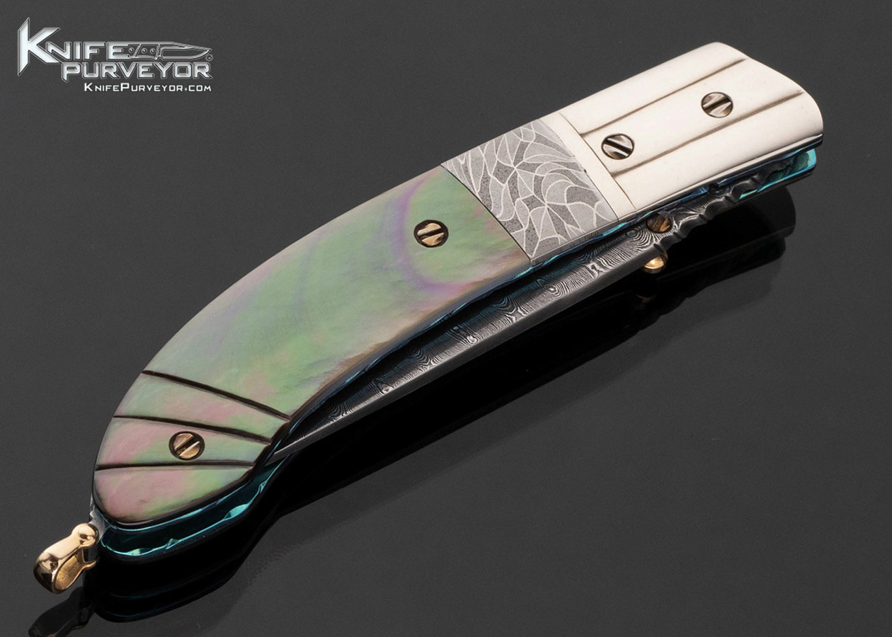 Stephen Olszewski Custom Knife Damascus and Carved Black Lip Tahitian Pearl Gents Folder Linerlock 17791
