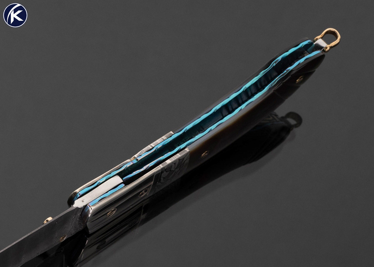 Stephen Olszewski Custom Knife Damascus and Carved Black Lip Tahitian Pearl Gents Folder Linerlock 17791