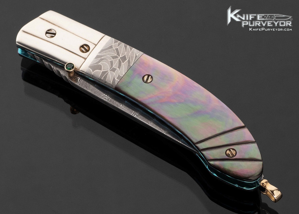 Stephen Olszewski Custom Knife Damascus and Carved Black Lip Tahitian Pearl Gents Folder Linerlock 17791