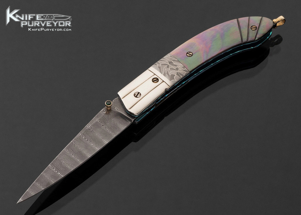 Stephen Olszewski Custom Knife Damascus and Carved Black Lip Tahitian Pearl Gents Folder Linerlock 17791