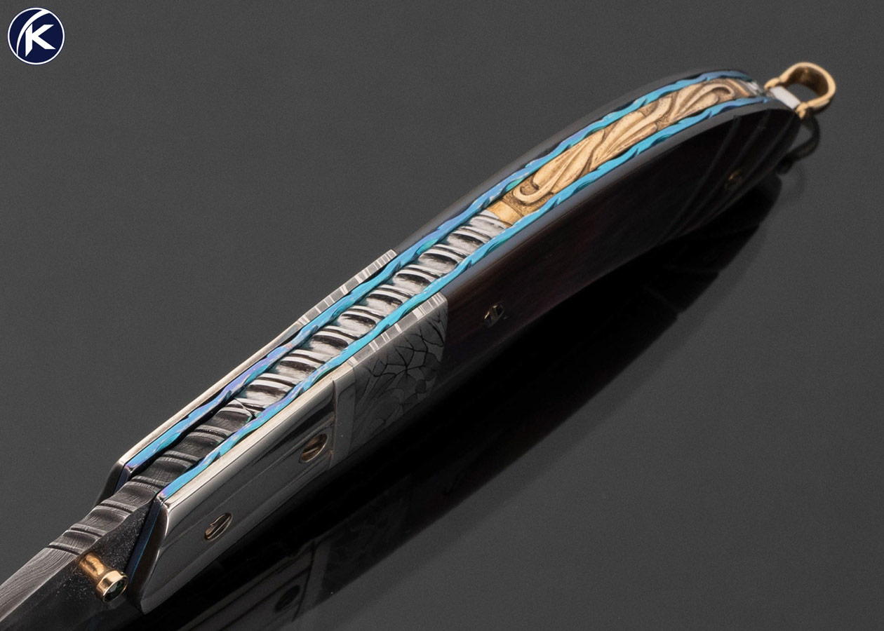 Stephen Olszewski Custom Knife Damascus and Carved Black Lip Tahitian Pearl Gents Folder Linerlock 17791