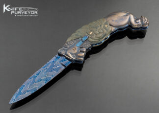 Stephen Olszewski Custom Knife Blued Damascus with Carved Bolsters and Carved Green Mammoth Automatic Linerlock 17502