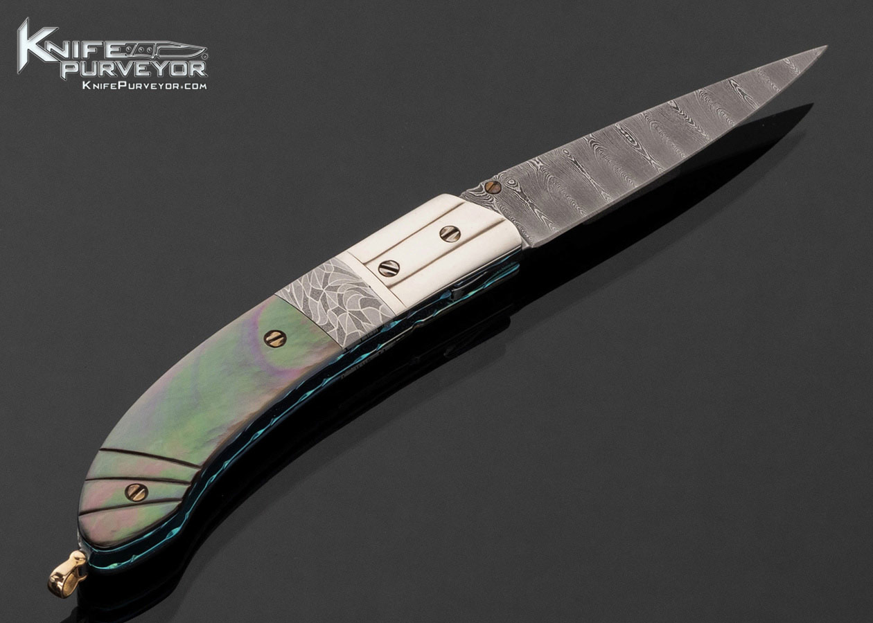 Stephen Olszewski Custom Knife Damascus and Carved Black Lip Tahitian Pearl Gents Folder Linerlock 17791