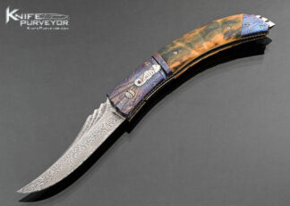 Steven Hill Custom Knife Damascus with Blue Damascus Double Bolstered Fluted Mammoth Automatic Linerlock