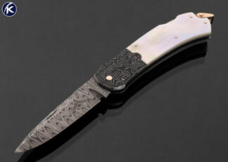 Warren Osborne Custom Knife Mike Norris Damascus and Mother of Pearl with Rose Gold Pins and Bail Auto Lockback 17800