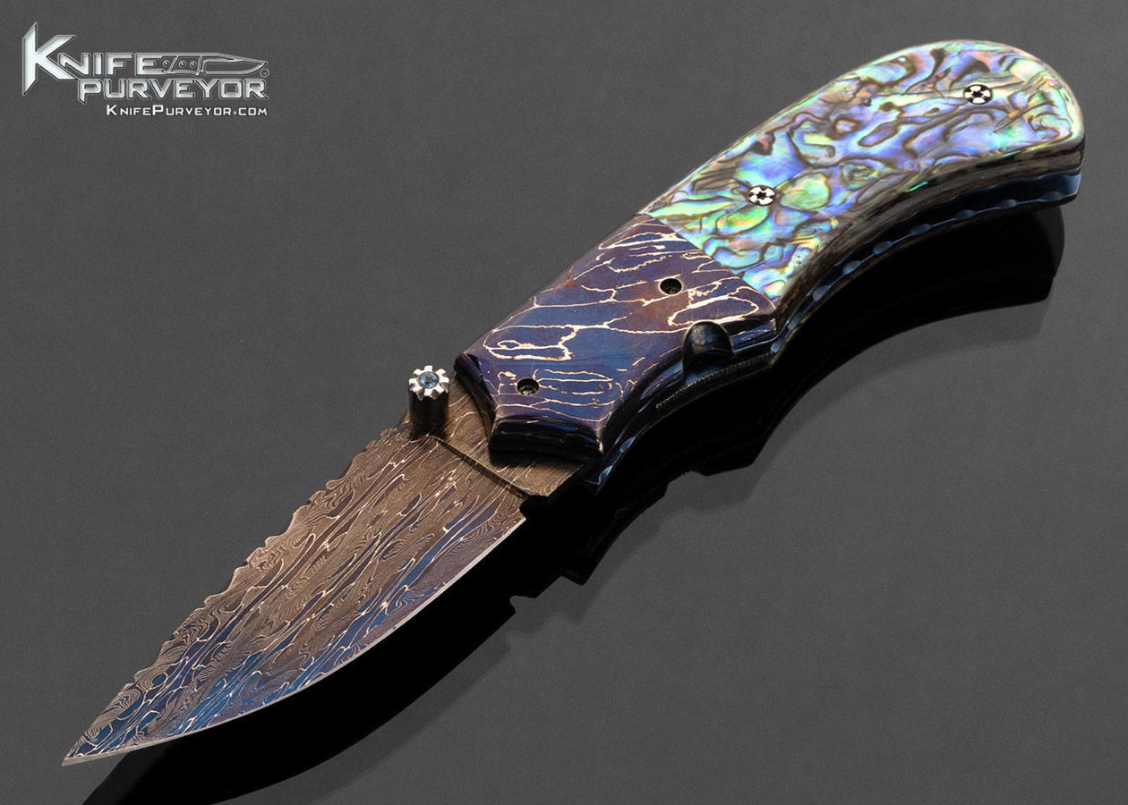 Wayne Whittaker Custom Knife Robert Eggerling Blued Mosaic Damascus and Abalone Scales Linerlock 17812