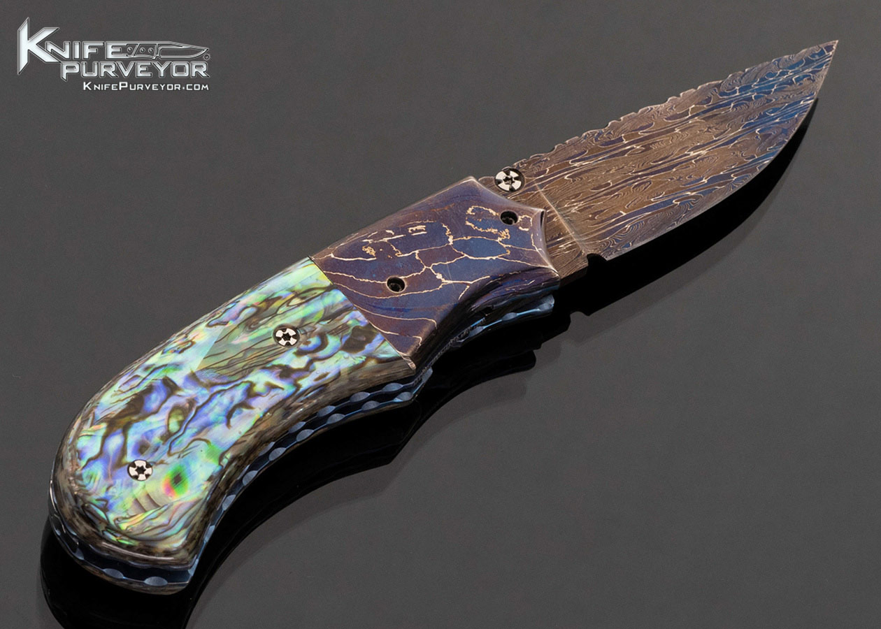 Wayne Whittaker Custom Knife Robert Eggerling Blued Mosaic Damascus and Abalone Scales Linerlock 17812
