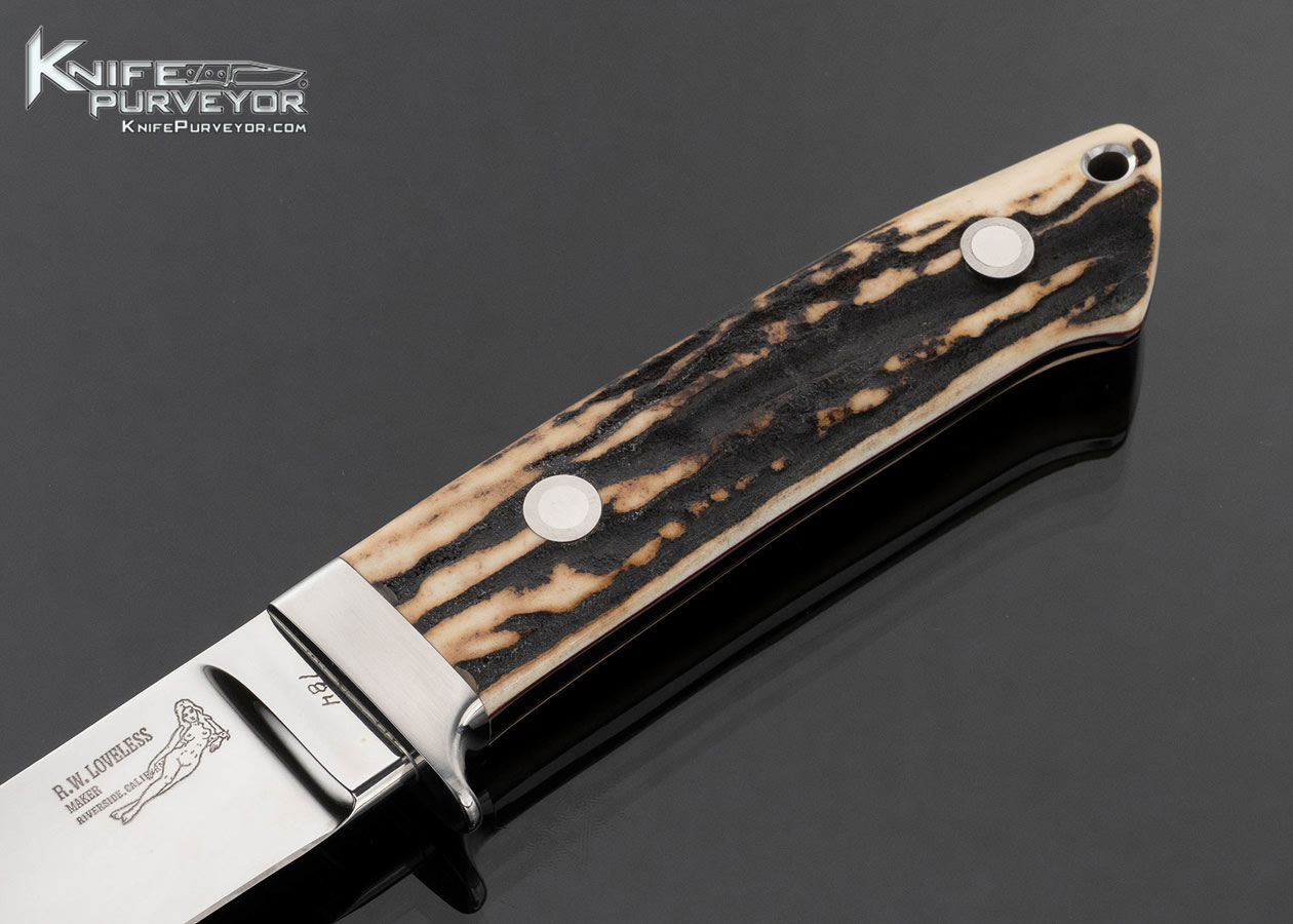 Bob Loveless Custom Knife Double Nude Logo Stag Camp Knife with Leather Sheath
