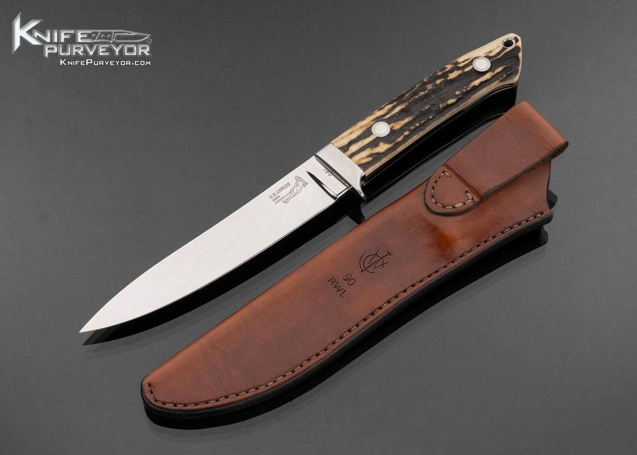 Bob Loveless Custom Knife Double Nude Logo Stag Camp Knife with Leather Sheath