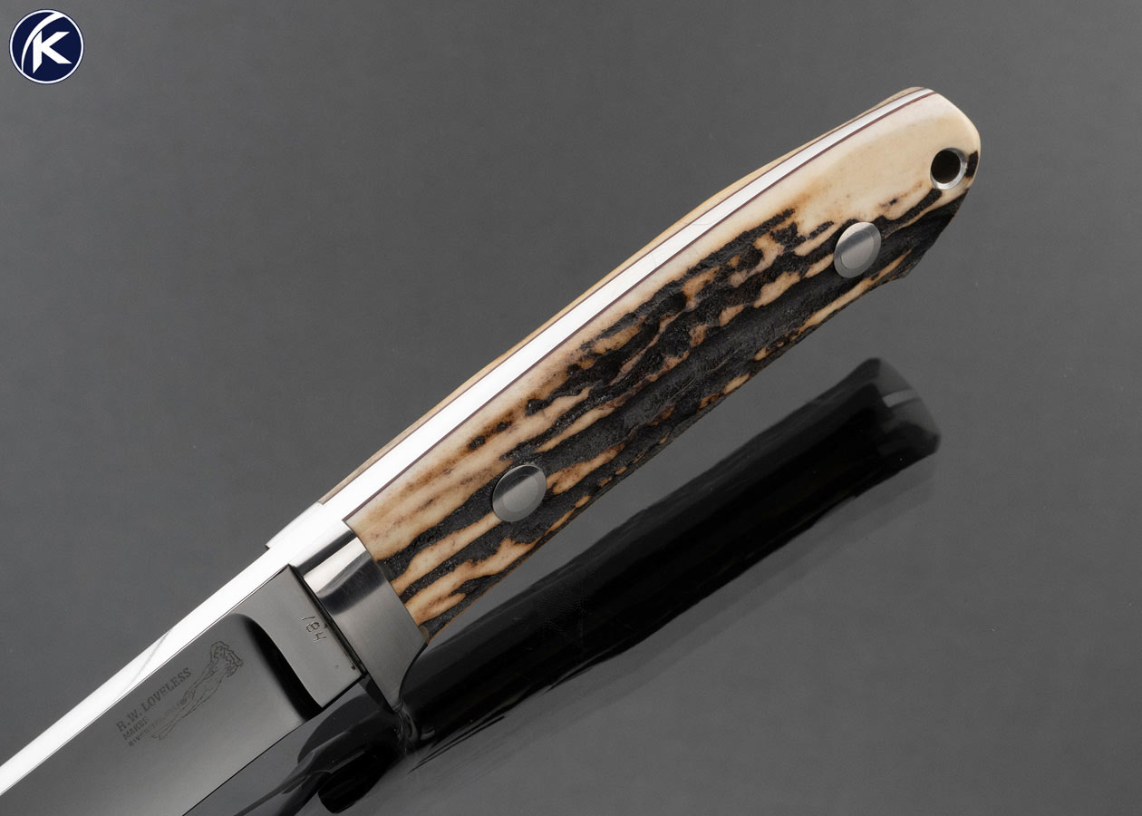Bob Loveless Custom Knife Double Nude Logo Stag Camp Knife with Leather Sheath