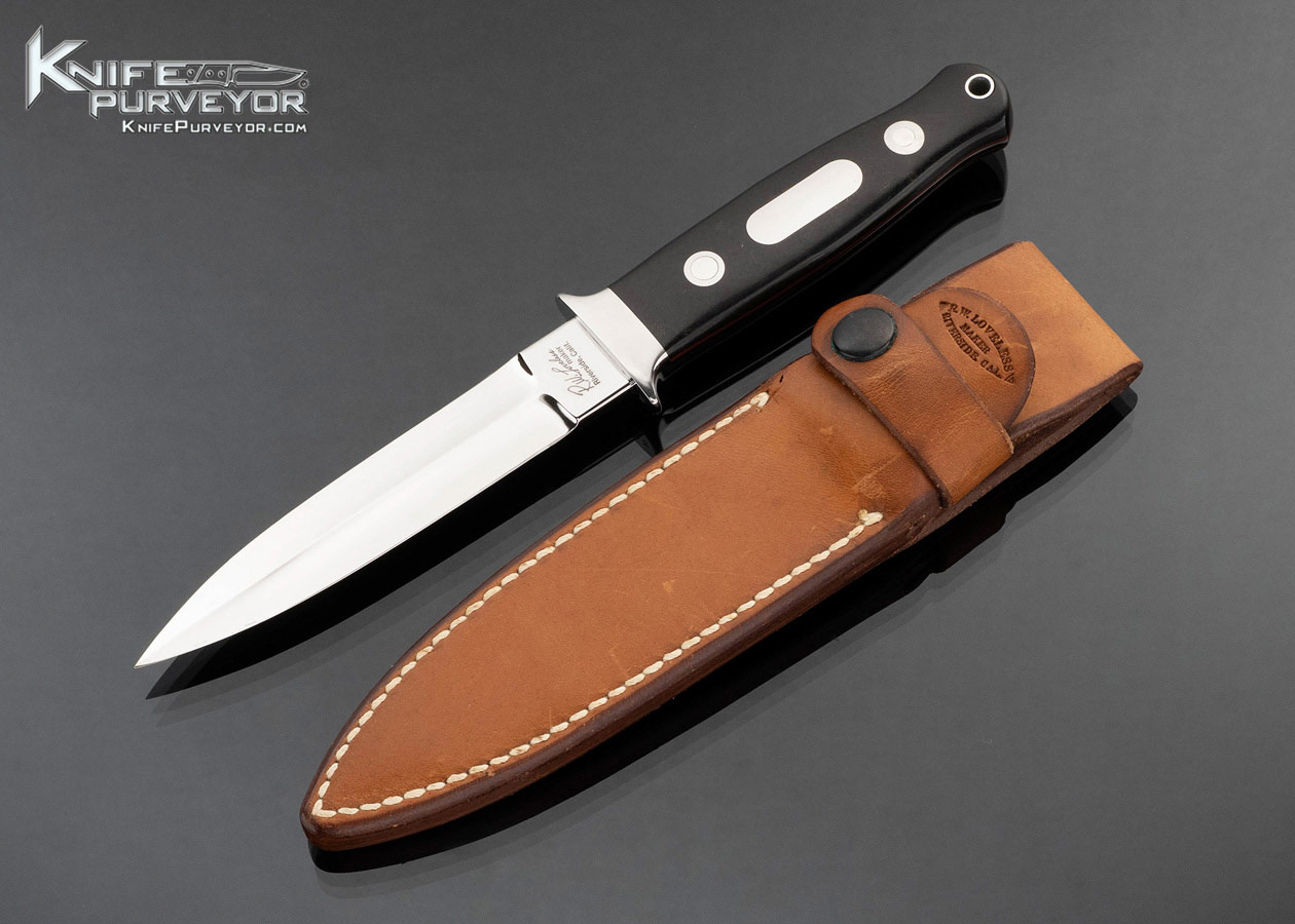 Bob-Loveless-Custom-Knife-RARE-Signature-Logo-Camo-Micarta-Dagger-with-Sheath-17901