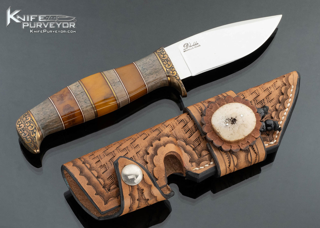 D'Alton Holder Custom Knife Mel Wood Engraved Oosic and Amber Amerillo Texas Fixed Blade with Leather Sheath