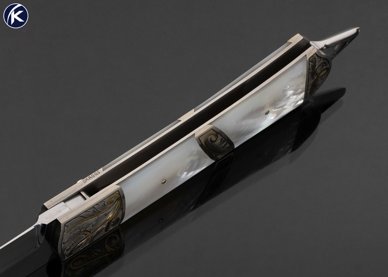 Durvyn Howard Custom Knife Mother of Pearl Shell Automatic Engraved by Ron Skaggs