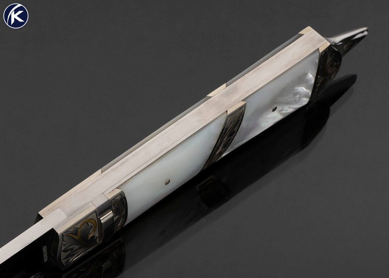 Durvyn Howard Custom Knife Mother of Pearl Shell Automatic Engraved by Ron Skaggs