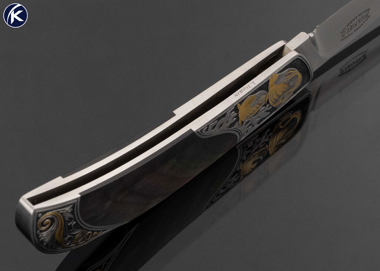 Jack Busfield Custom Knife Engraved with Gold Inlays by Lisa Tomlin with Black Lip Tahitian Pearl Lockback