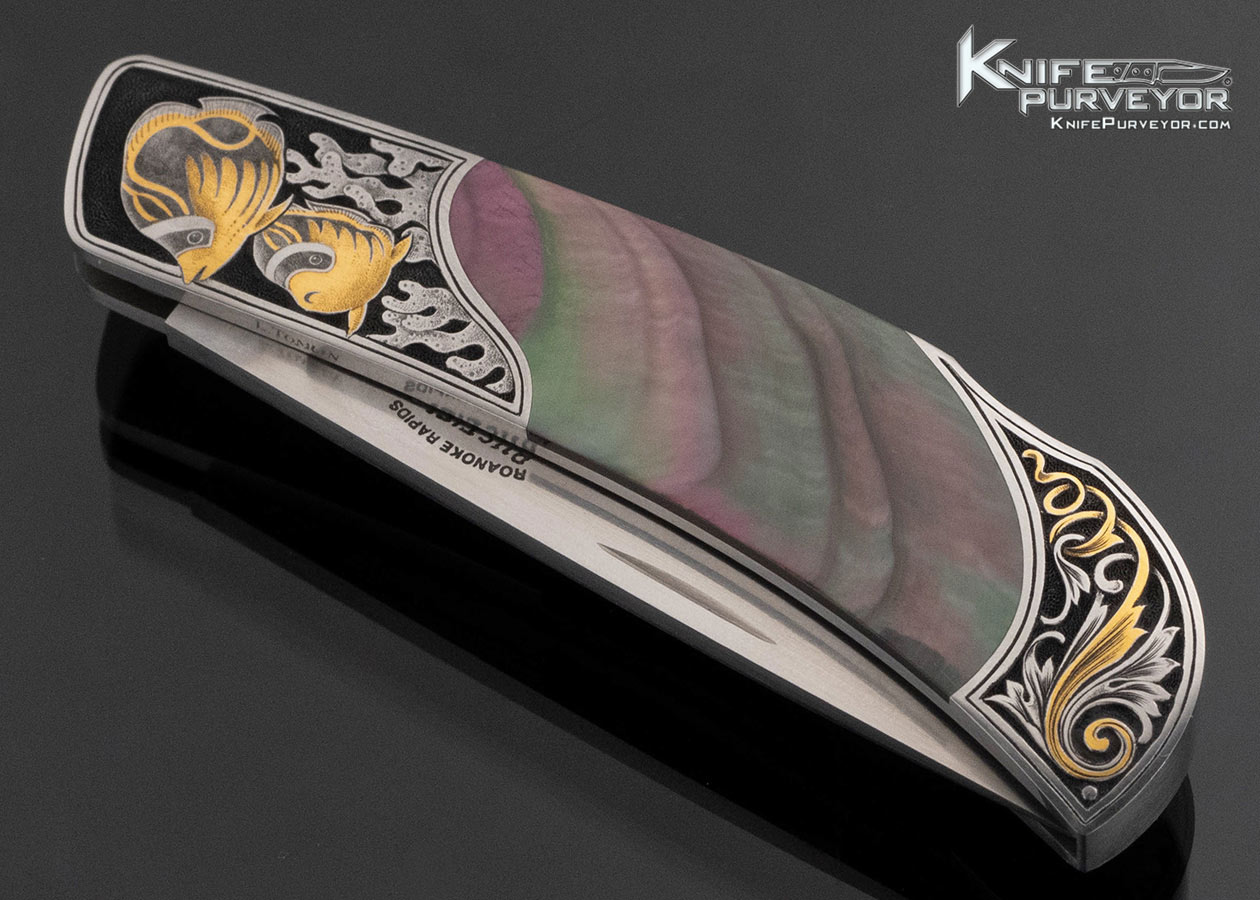 Jack Busfield Custom Knife Engraved with Gold Inlays by Lisa Tomlin with Black Lip Tahitian Pearl Lockback