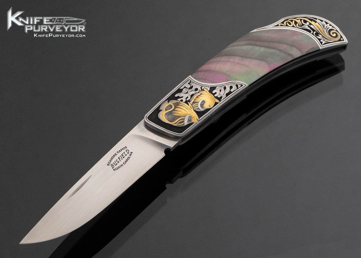 Jack Busfield Custom Knife Engraved with Gold Inlays by Lisa Tomlin with Black Lip Tahitian Pearl Lockback