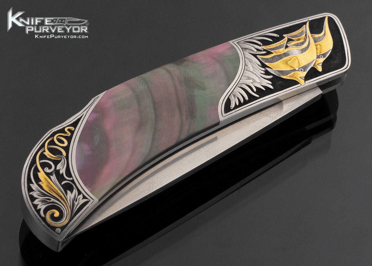 Jack Busfield Custom Knife Engraved with Gold Inlays by Lisa Tomlin with Black Lip Tahitian Pearl Lockback