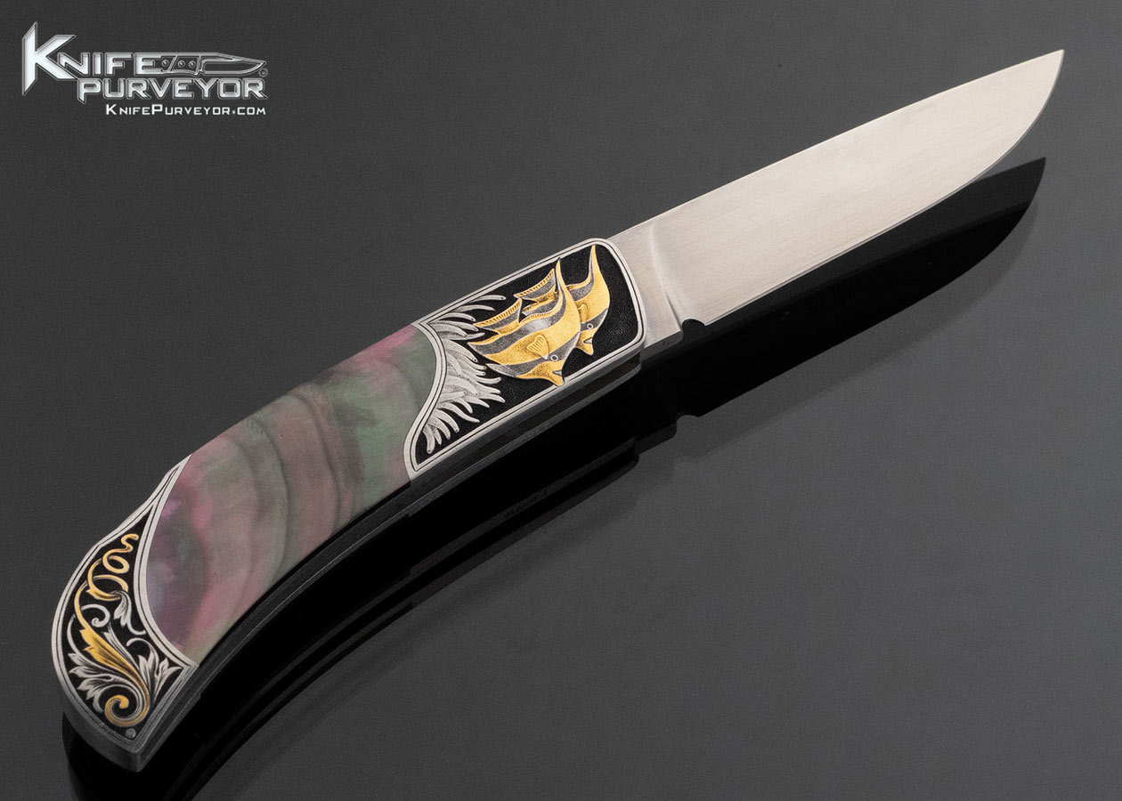 Jack Busfield Custom Knife Engraved with Gold Inlays by Lisa Tomlin with Black Lip Tahitian Pearl Lockback