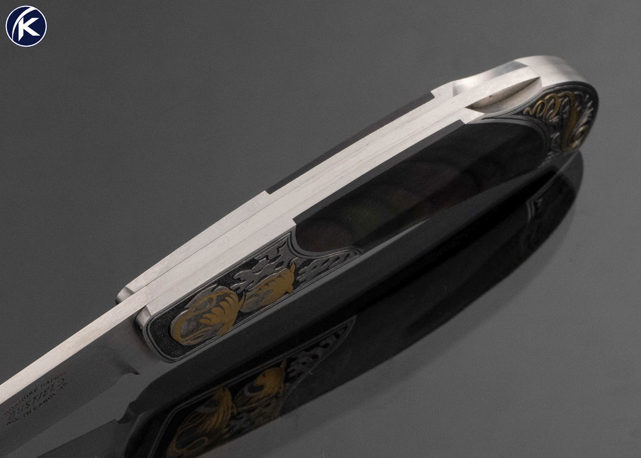Jack Busfield Custom Knife Engraved with Gold Inlays by Lisa Tomlin with Black Lip Tahitian Pearl Lockback