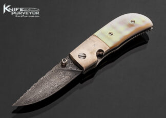 Jason Williams Custom Knife Damascus with Sterling Silver Bolsters and Gold Lip Pearl Linerlock 17649