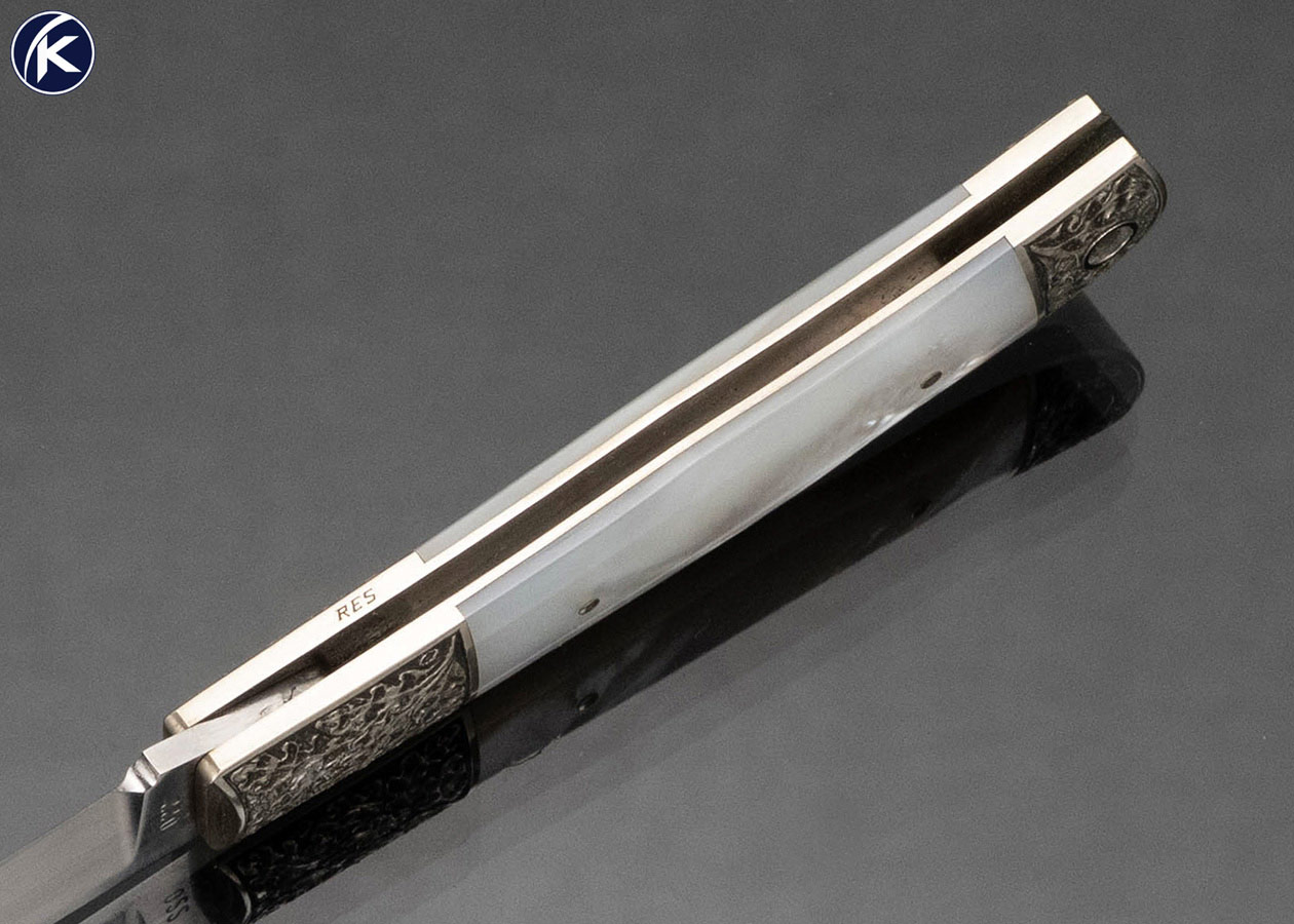 Jess Horn Custom Knife Mother of Pearl Little Horn Lockback Deep Relief Engraved by Ron Skaggs