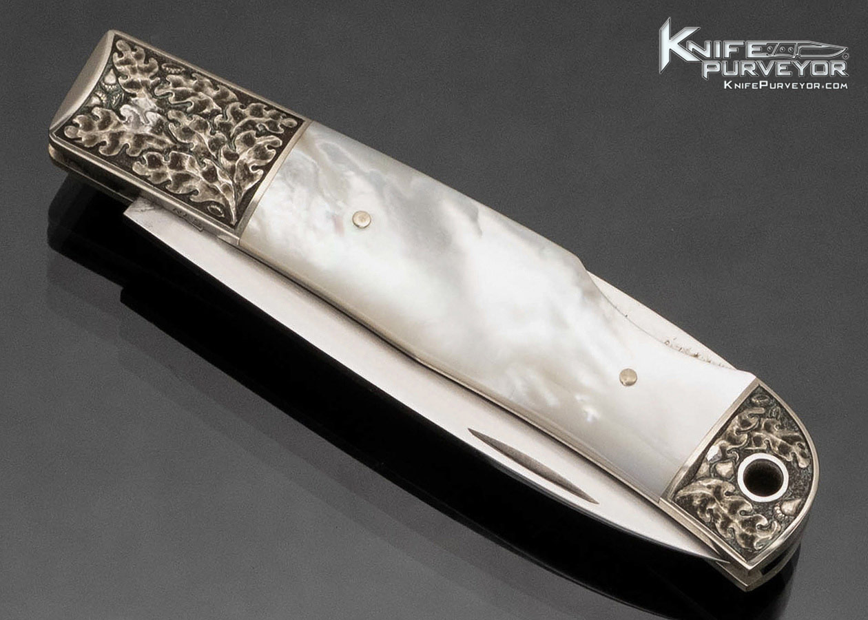 Jess Horn Custom Knife Mother of Pearl Little Horn Lockback Deep Relief Engraved by Ron Skaggs