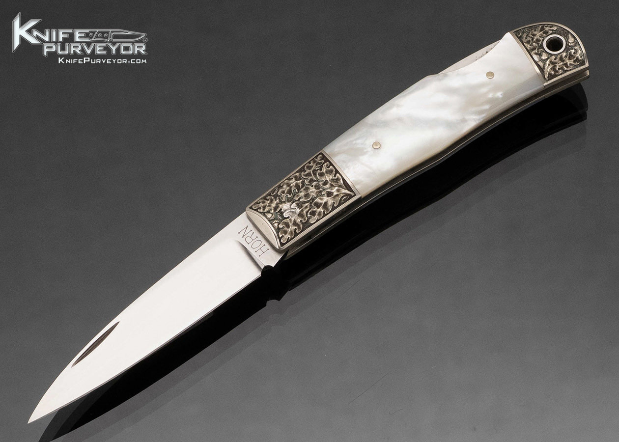 Jess Horn Custom Knife Mother of Pearl Little Horn Lockback Deep Relief Engraved by Ron Skaggs