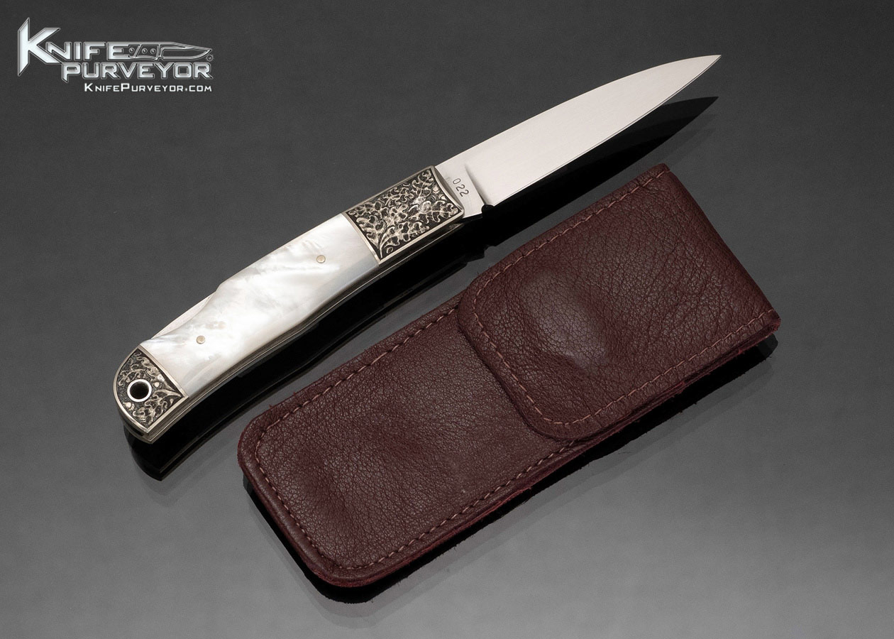 Jess Horn Custom Knife Mother of Pearl Little Horn Lockback Deep Relief Engraved by Ron Skaggs