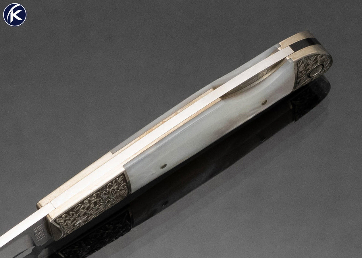 Jess Horn Custom Knife Mother of Pearl Little Horn Lockback Deep Relief Engraved by Ron Skaggs