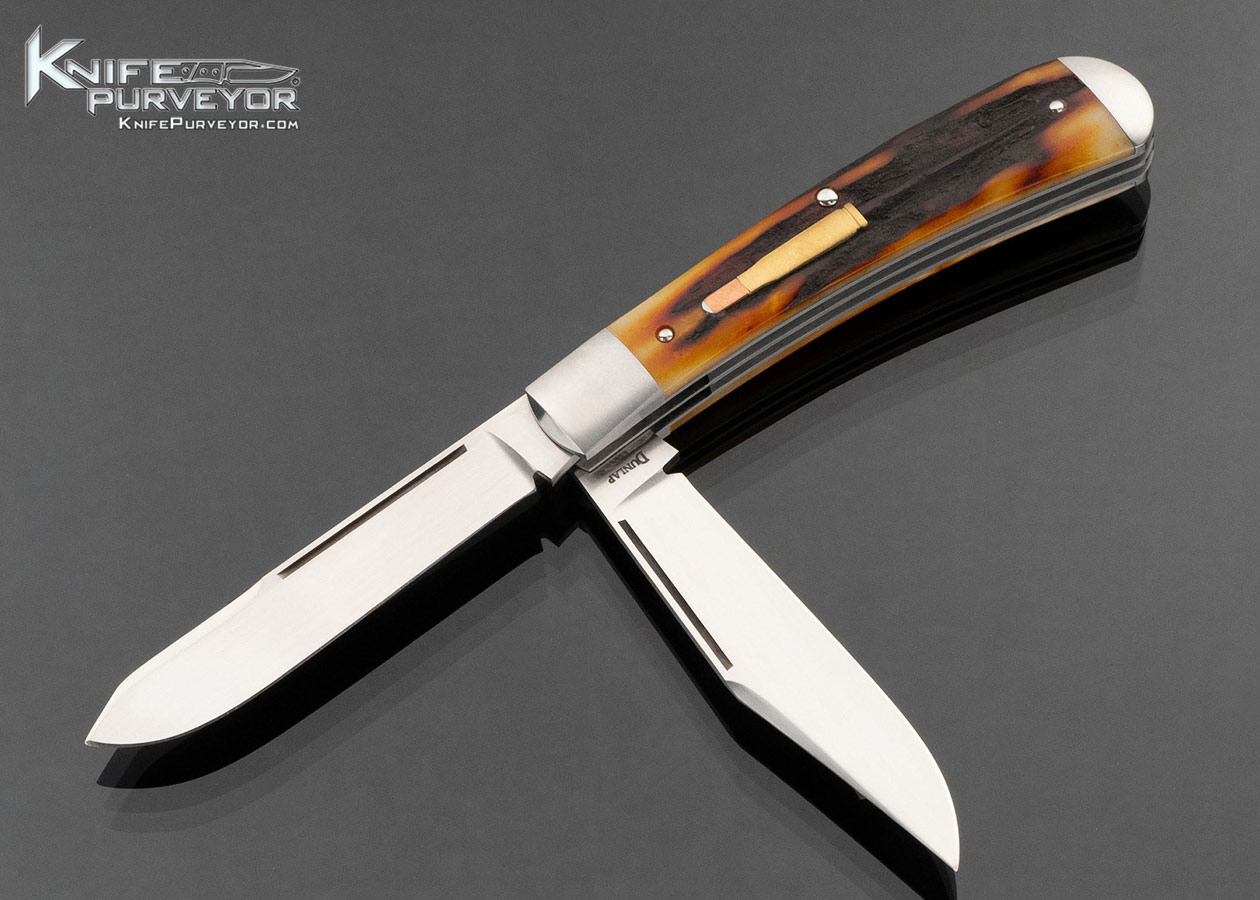 Jim Dunlap Custom Knife Amber Stag with “Bullet” Escutcheon 2 Bladed Slip Joint with Half Stop