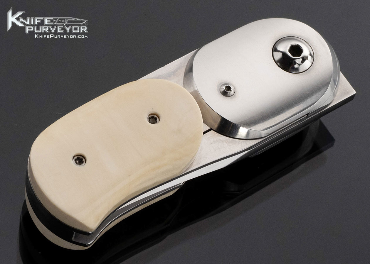 Jim Pugh Custom Knife "Peanut" Titanium Bolster and Mammoth Scales Scrimshawed by Gary Williams Linerlock Front Flipper