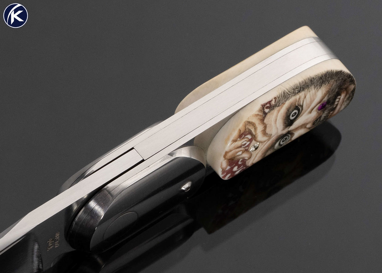 Jim Pugh Custom Knife "Peanut" Titanium Bolster and Mammoth Scales Scrimshawed by Gary Williams Linerlock Front Flipper