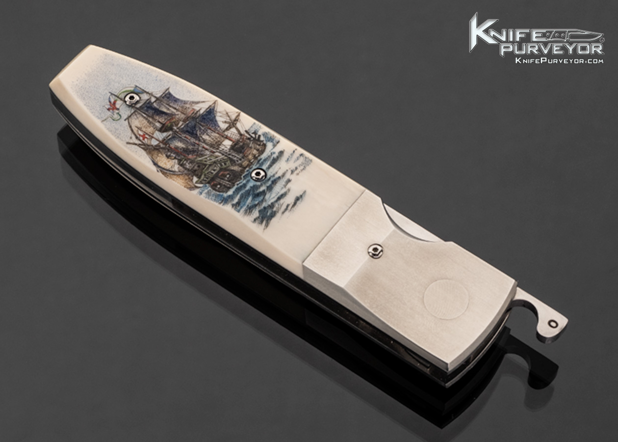 Jim Pugh Custom Knife Titanium Bolster with Mammoth Scrimshawed by Karen Petersen Linerlock Flipper - Image 2