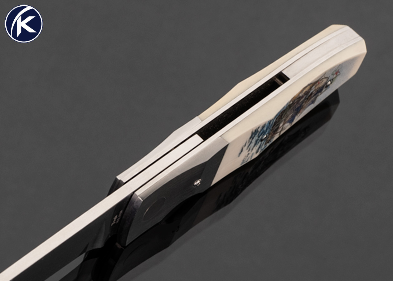 Jim Pugh Custom Knife Titanium Bolster with Mammoth Scrimshawed by Karen Petersen Linerlock Flipper - Image 4