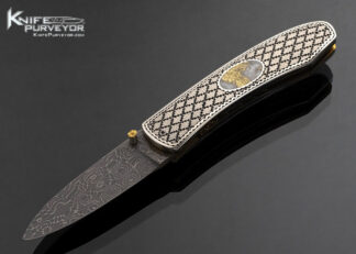 Jim Sornberger Custom Knife Sole Authorship Engraved Gold Quartz Interframe Linerlock with Roses and Vines Damascus