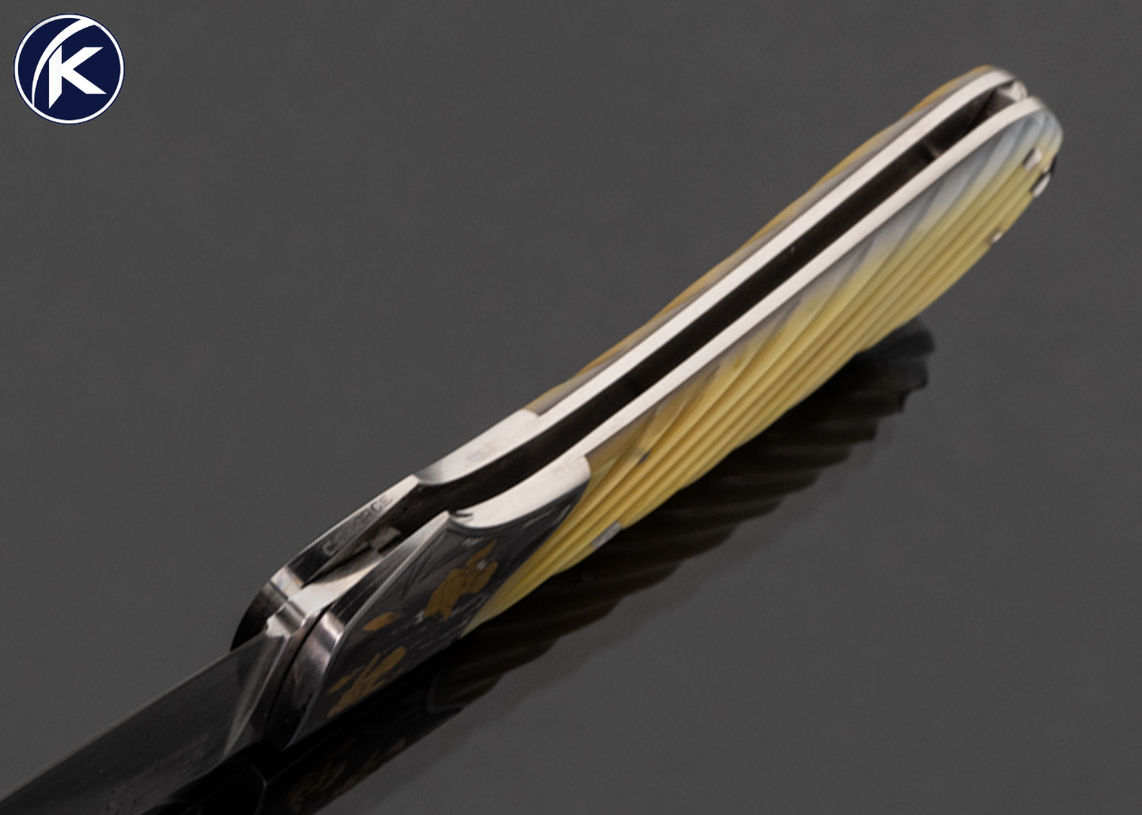Joe Kious Custom Knife Fluted Gold Lip Pearl Lockback with Toothpick with "Bearded Iris's" Engraved by Tim and Christy George with with 24kt Gold Inlays - Image 6