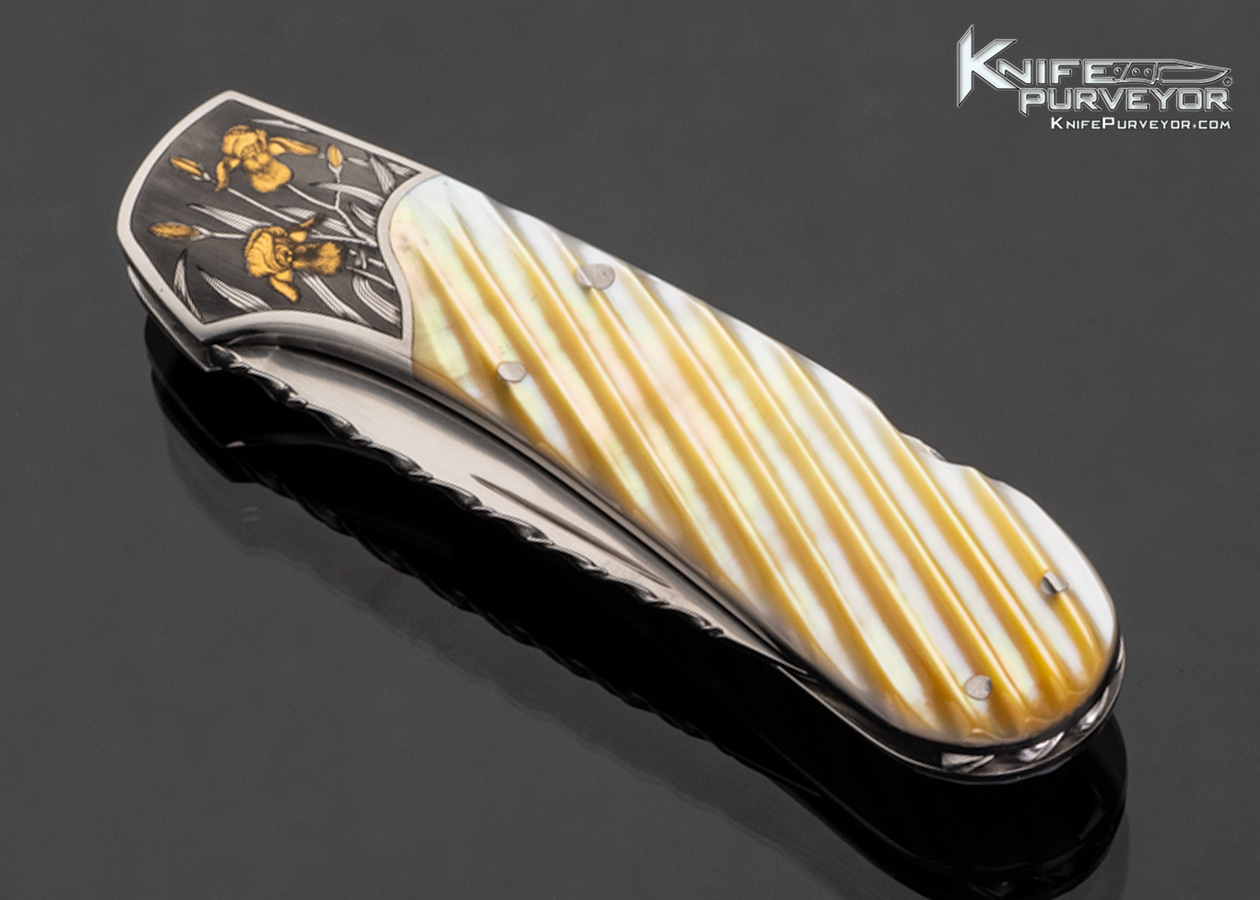 Joe Kious Custom Knife Fluted Gold Lip Pearl Lockback with Toothpick with "Bearded Iris's" Engraved by Tim and Christy George with with 24kt Gold Inlays - Image 2