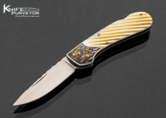 Joe Kious Custom Knife "Bearded Iris's" Engraved with 24kt Gold by Tim and Christy George and Fluted Gold Lip Pearl with Toothpick 17596