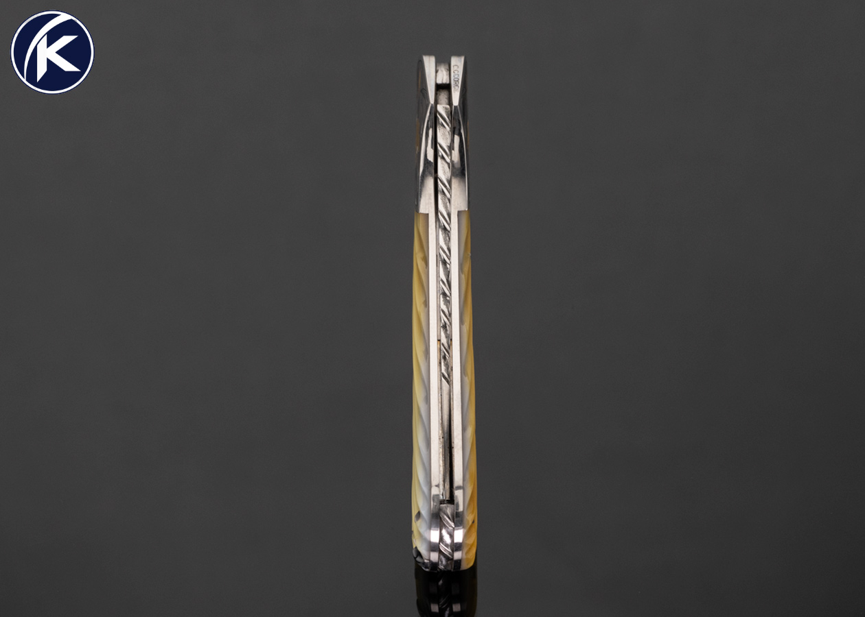 Joe Kious Custom Knife "Bearded Iris's" Engraved with 24kt Gold by Tim and Christy George and Fluted Gold Lip Pearl with Toothpick 17596