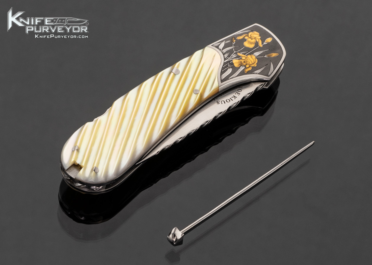 Joe Kious Custom Knife Fluted Gold Lip Pearl Lockback with Toothpick with "Bearded Iris's" Engraved by Tim and Christy George with with 24kt Gold Inlays - Image 4