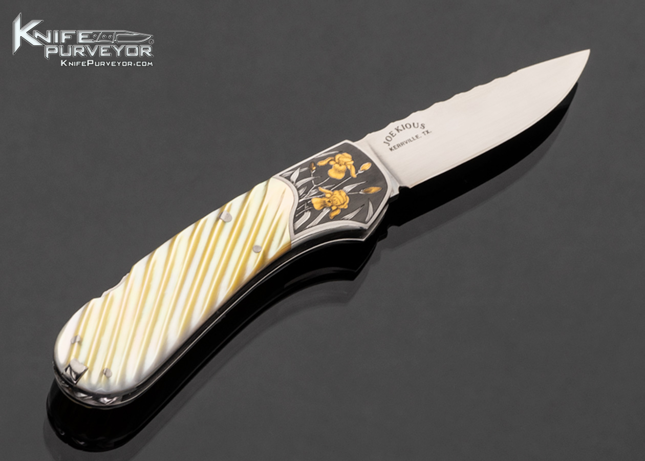 Joe Kious Custom Knife Fluted Gold Lip Pearl Lockback with Toothpick with "Bearded Iris's" Engraved by Tim and Christy George with with 24kt Gold Inlays - Image 3