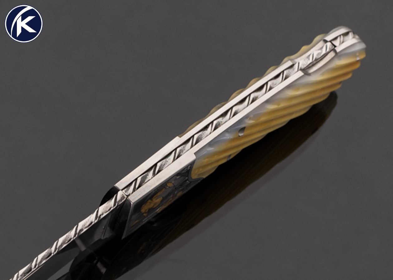 Joe Kious Custom Knife Fluted Gold Lip Pearl Lockback with Toothpick with "Bearded Iris's" Engraved by Tim and Christy George with with 24kt Gold Inlays - Image 5