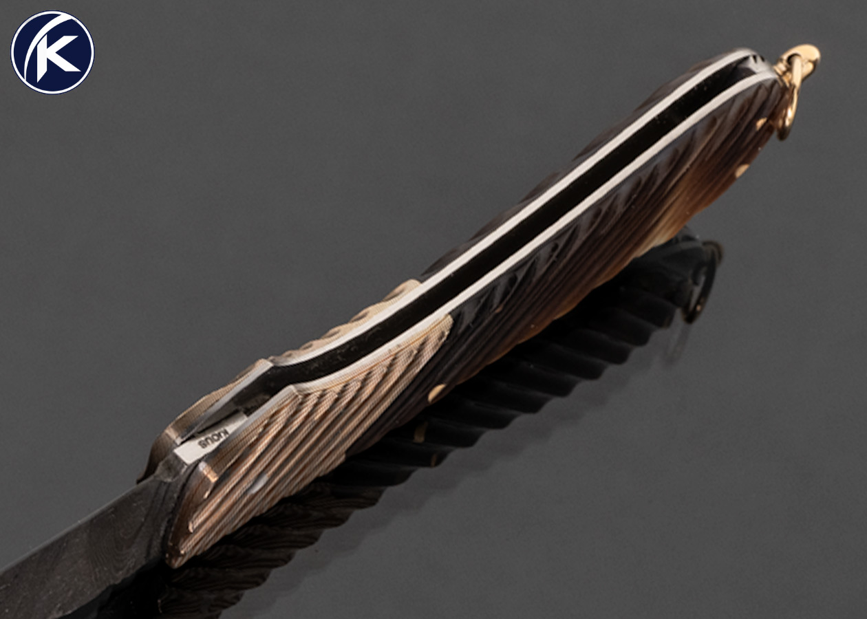 Joe Kious Custom Knife Damascus with Fluted Mokume and Fluted Black Lip Tahitian Pearl Lockback with 14Kt Gold Bail and Pins 17545 - Image 6