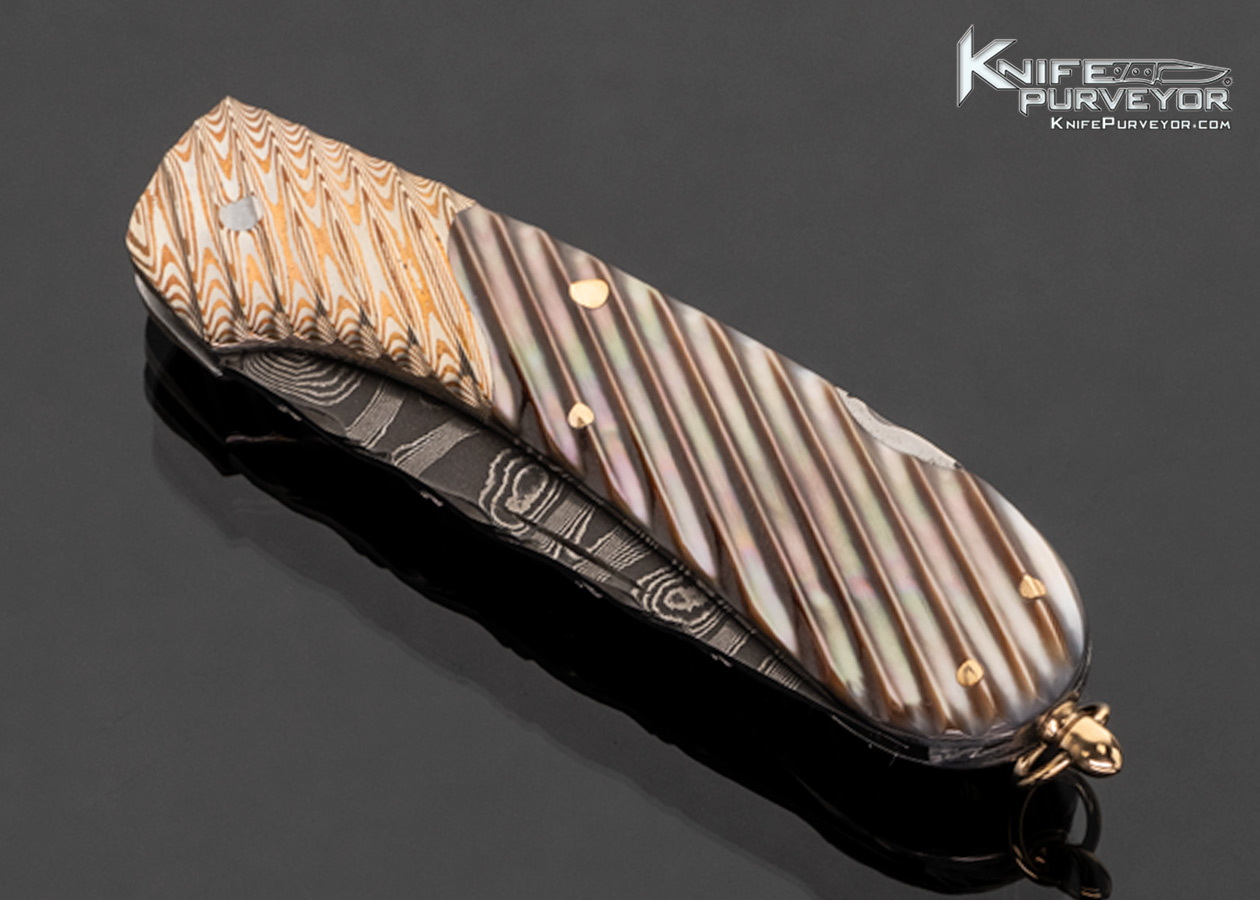 Joe Kious Custom Knife Damascus with Fluted Mokume and Fluted Black Lip Tahitian Pearl Lockback with 14Kt Gold Bail and Pins 17545 - Image 2